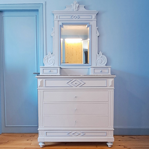 Commode psyché en noyer -Laqué bleu + vernis mat
